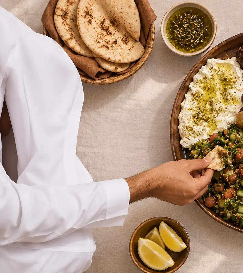 Mãos dividindo tabule e pão árabe à mesa