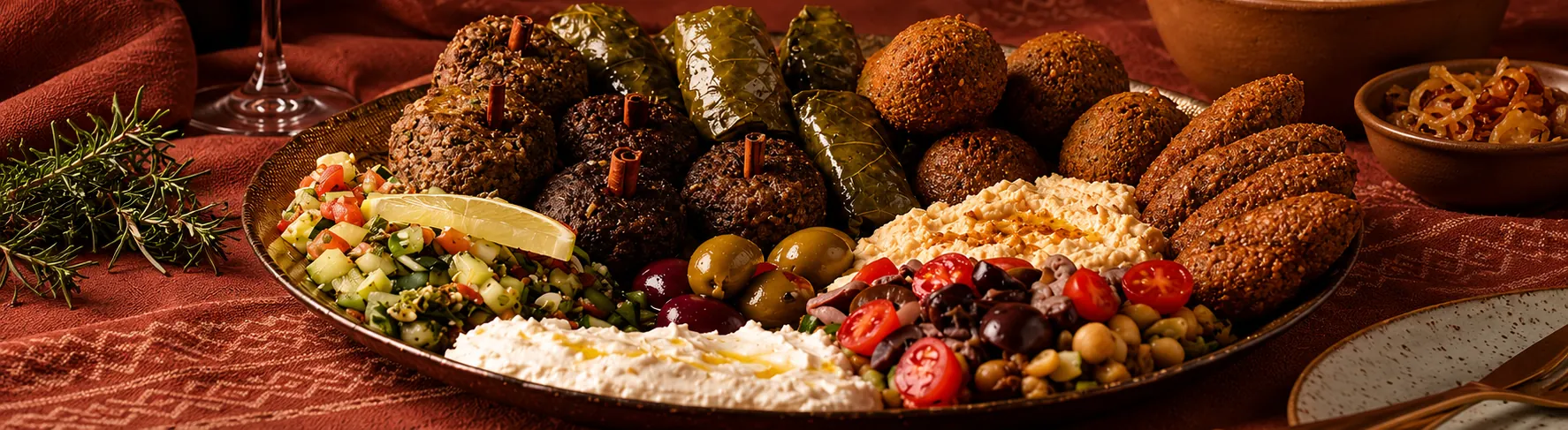 Mezze com kaftas, kibes, falafels, charutos de folha de uva, tabule, coalhada, hummus e azeitonas