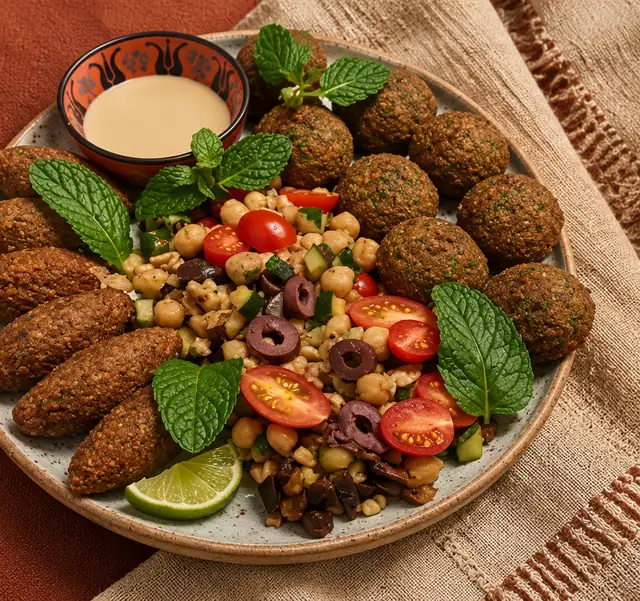 Prato para dividir com falafel, kibes, grão-de-bico, tomate e hortelã