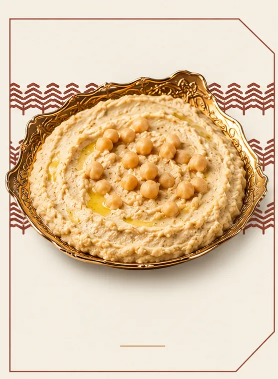 Hummus com grão-de-bico e azeite em travessa dourada